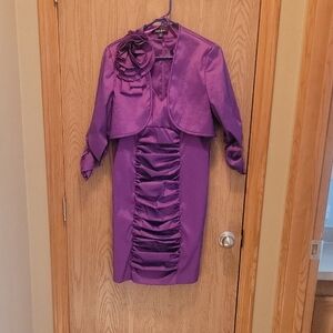 S.L. Fashions Purple Satin Midi Dress with Matching Bolero